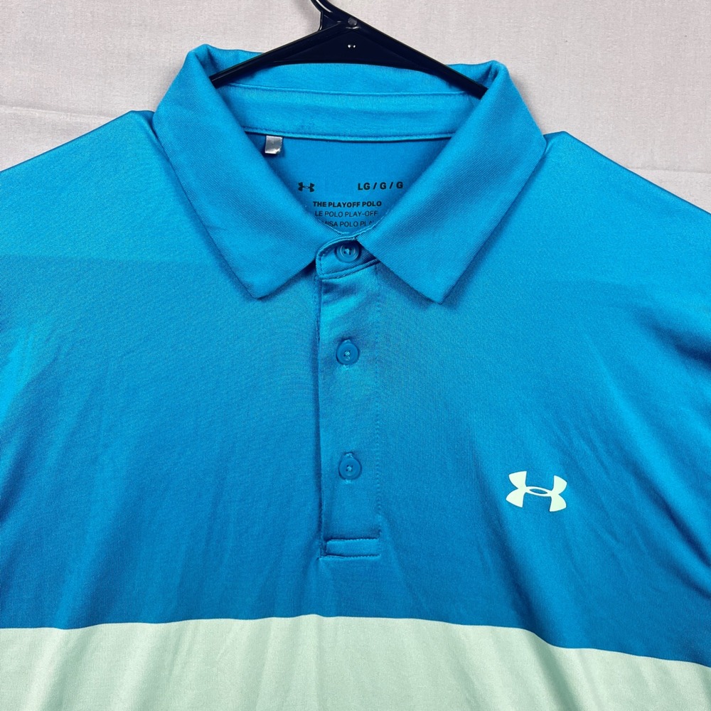 Under Armour Playoff Polo Men Large Blue Green White Colorblock HeatGear‎ Golf